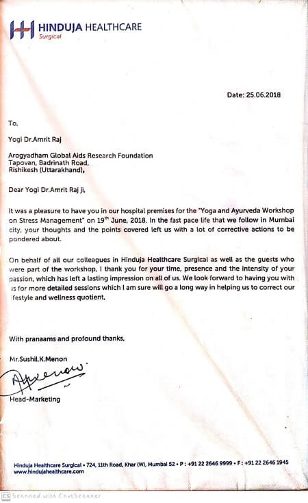 Certificate / appreciation letter — Arogyadham Health & Wellness