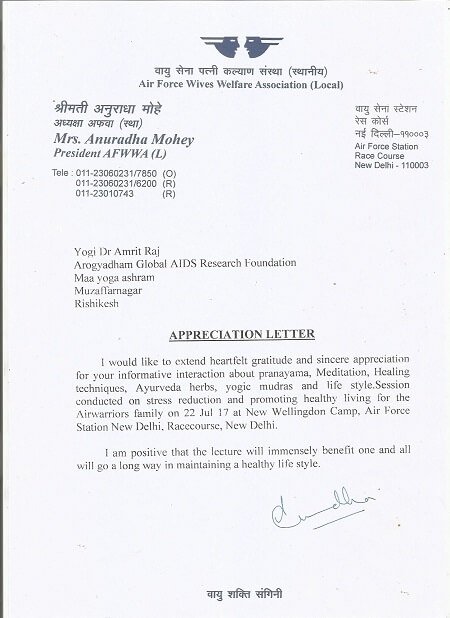 Certificate / appreciation letter — Arogyadham Health & Wellness